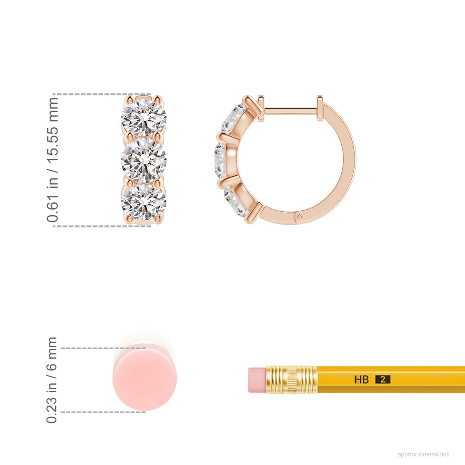 4.5mm IJI1I2 Round Diamond Three Stone Hoop Earrings in Rose Gold ruler