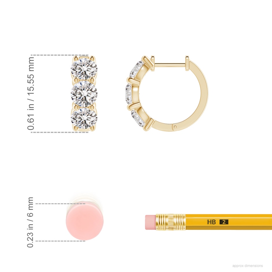 4.5mm IJI1I2 Round Diamond Three Stone Hoop Earrings in Yellow Gold ruler