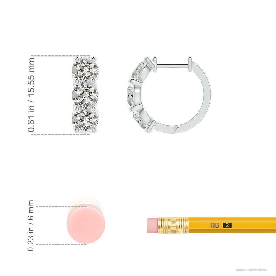 4.5mm KI3 Round Diamond Three Stone Hoop Earrings in White Gold ruler