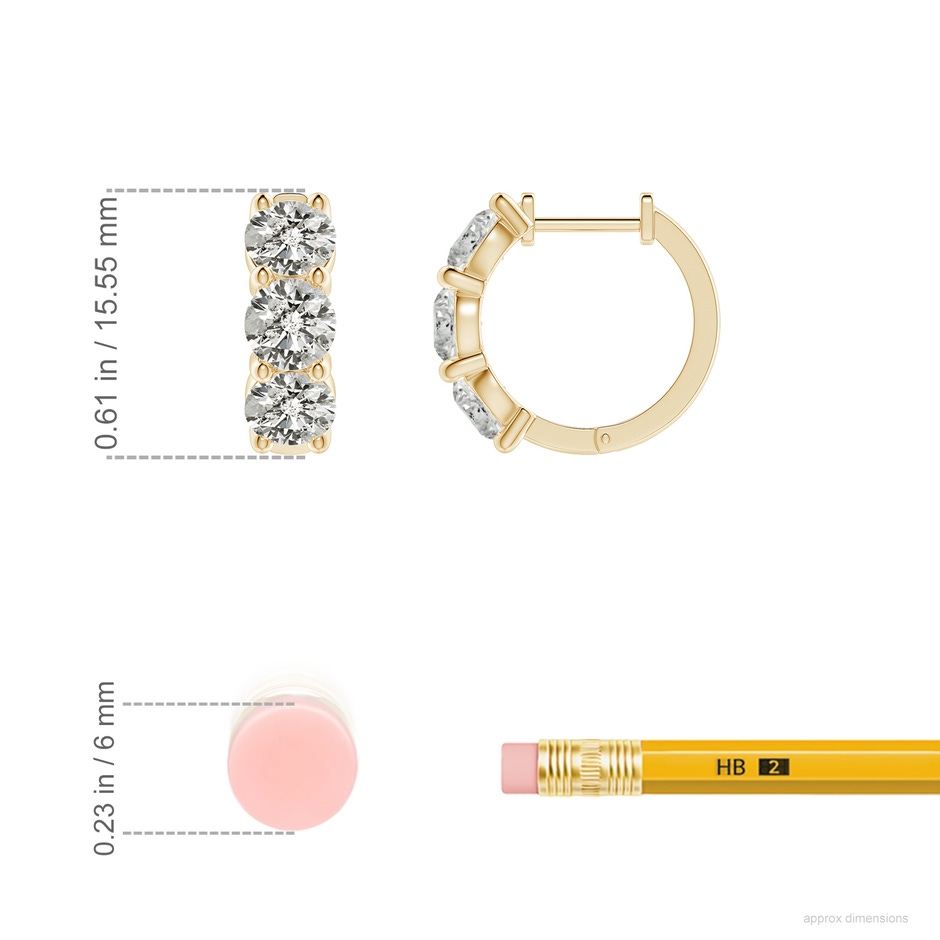 4.5mm KI3 Round Diamond Three Stone Hoop Earrings in Yellow Gold ruler