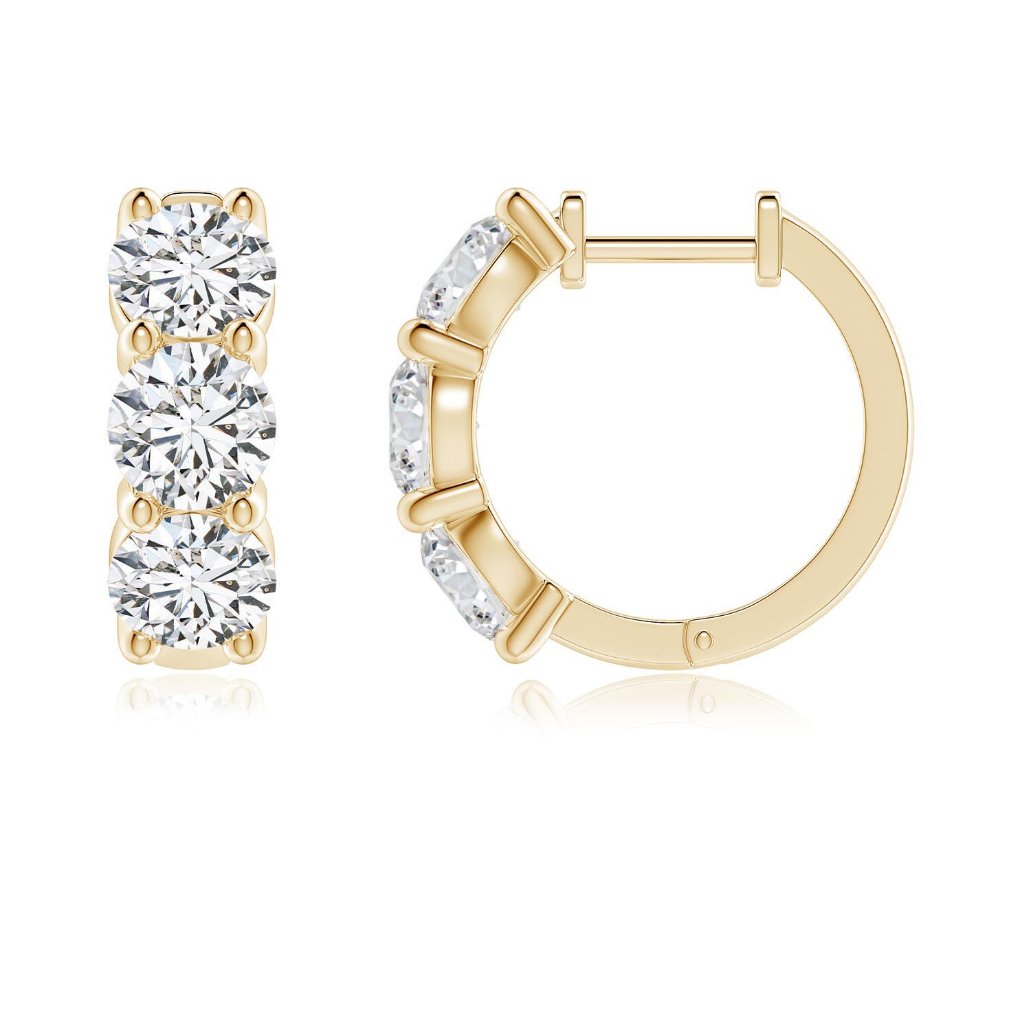 5.1mm HSI2 Round Diamond Three Stone Hoop Earrings in 18K Yellow Gold