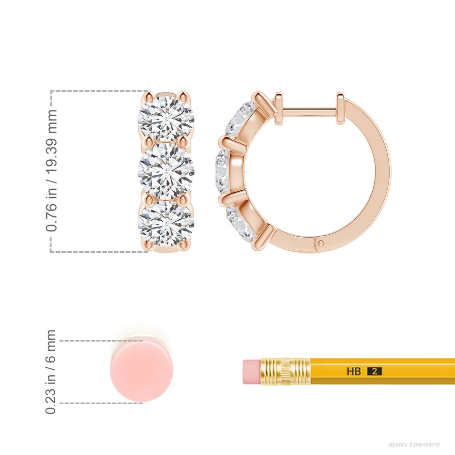5.7mm HSI2 Round Diamond Three Stone Hoop Earrings in 18K Rose Gold ruler
