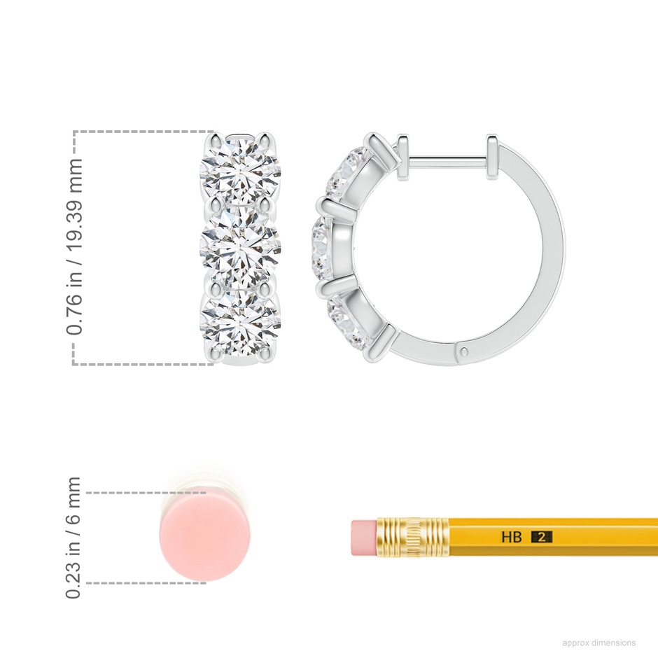5.7mm HSI2 Round Diamond Three Stone Hoop Earrings in White Gold ruler