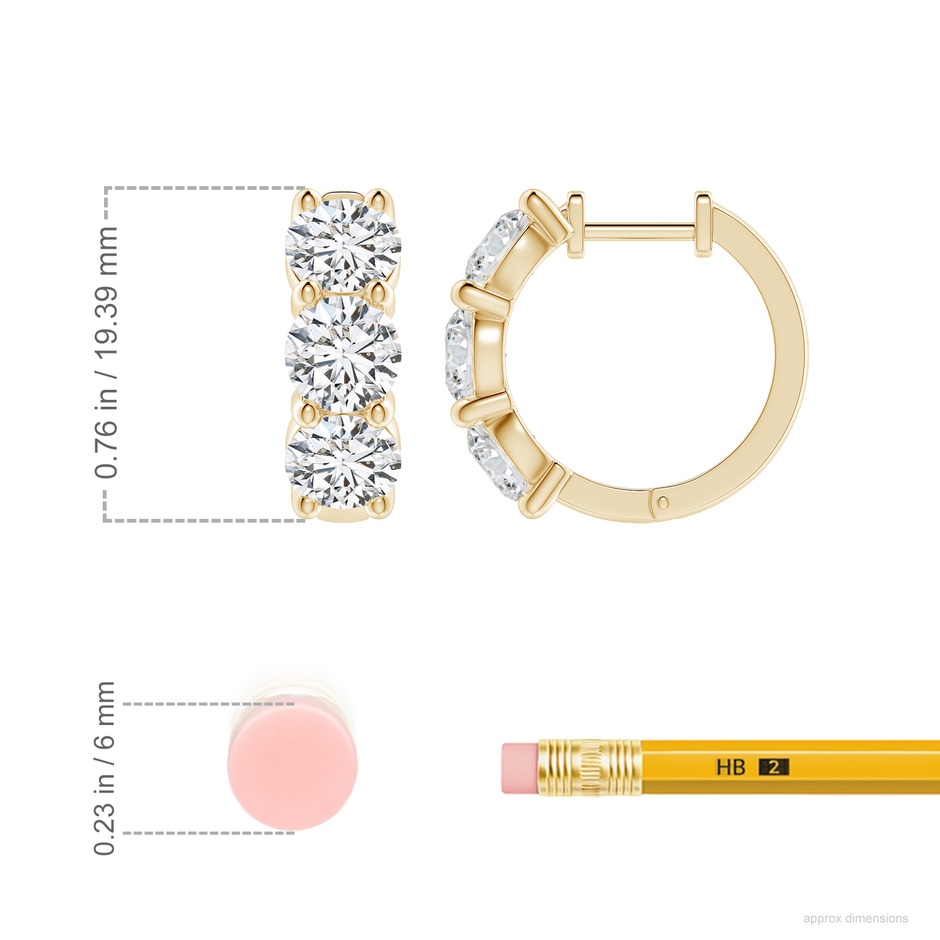 5.7mm HSI2 Round Diamond Three Stone Hoop Earrings in Yellow Gold ruler