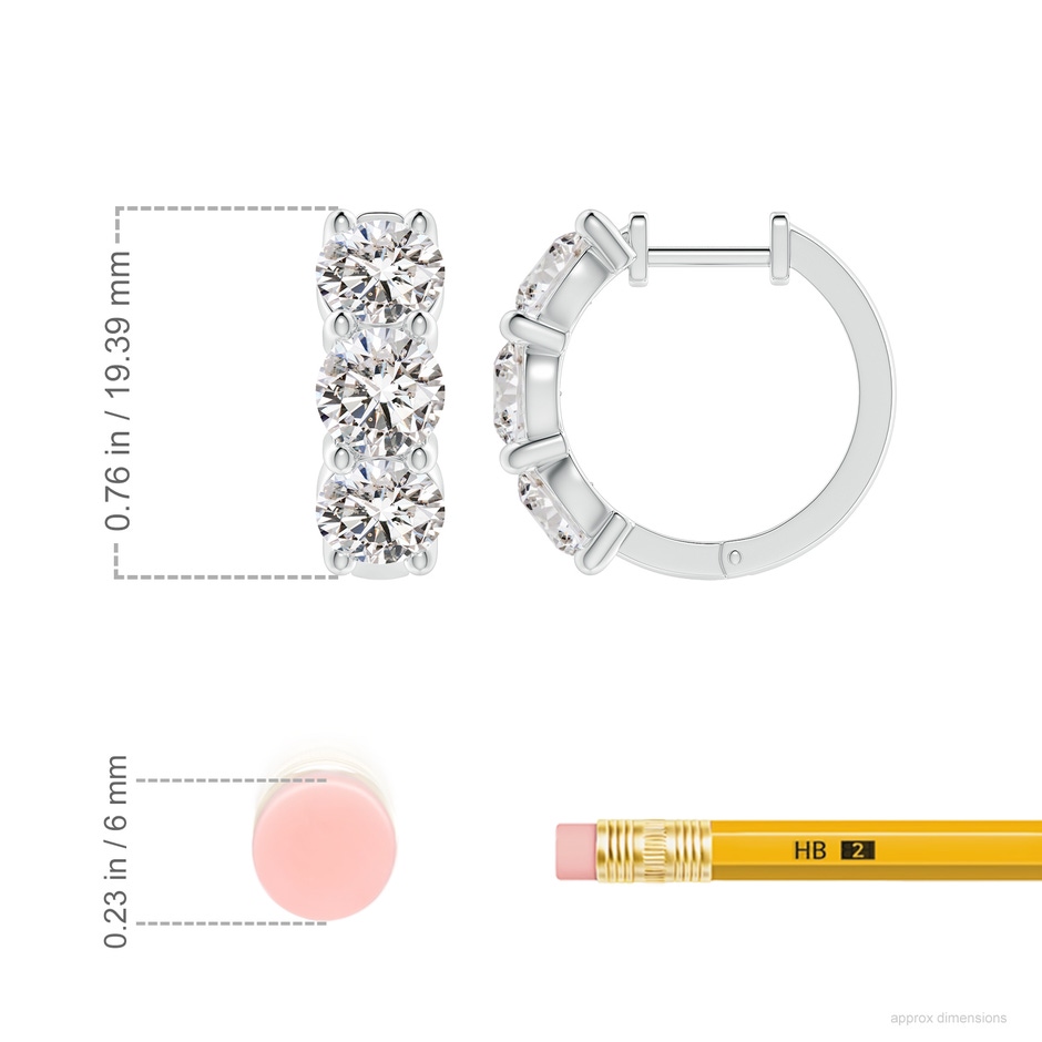 5.7mm IJI1I2 Round Diamond Three Stone Hoop Earrings in White Gold ruler