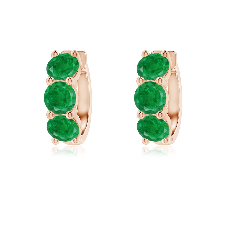 4.5mm AA Round Emerald Three Stone Hoop Earrings in Rose Gold 