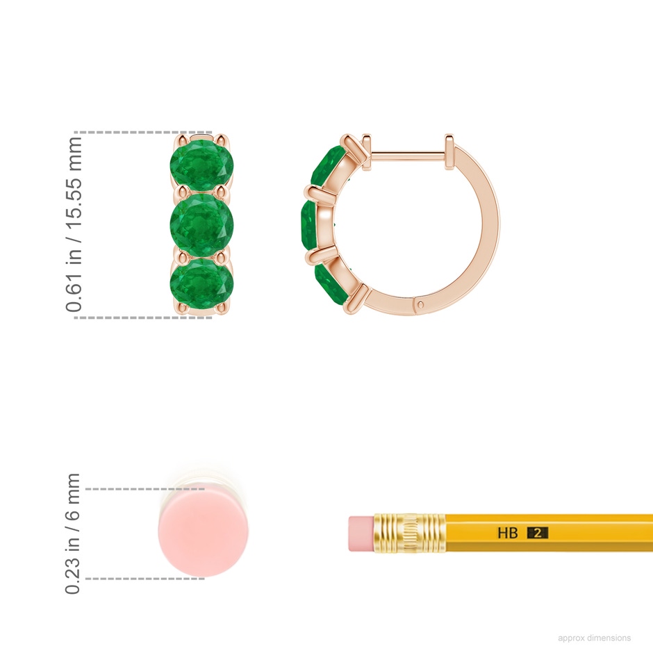 4.5mm AA Round Emerald Three Stone Hoop Earrings in Rose Gold ruler