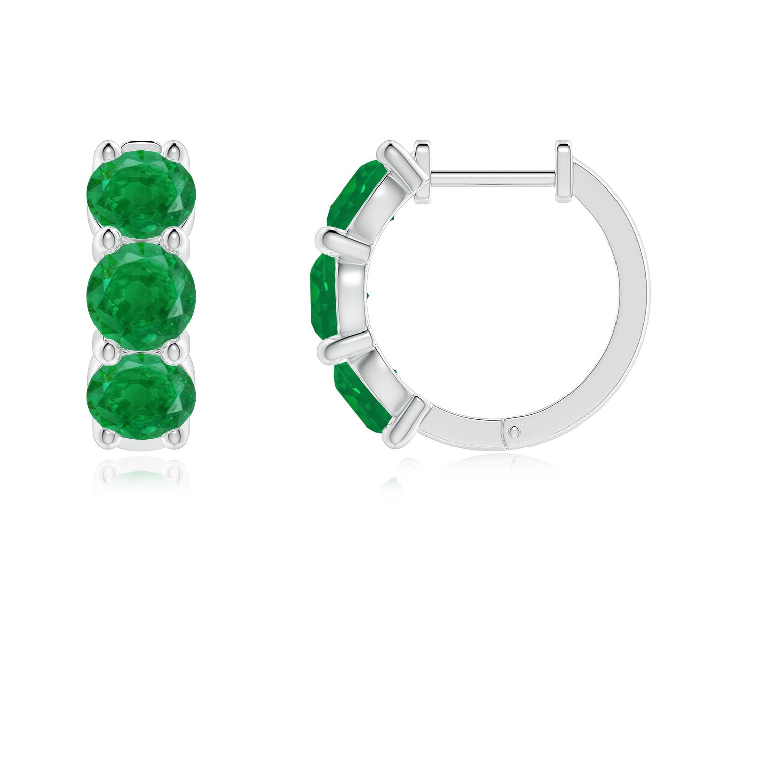 4.5mm AA Round Emerald Three Stone Hoop Earrings in White Gold - side 2