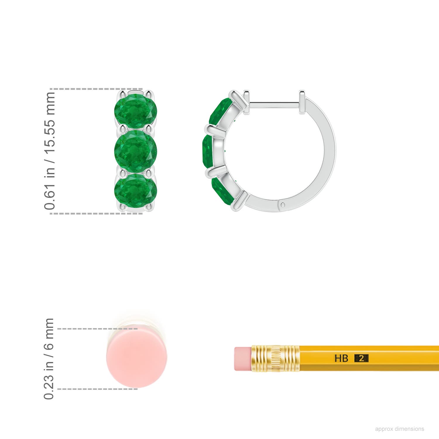 4.5mm AA Round Emerald Three Stone Hoop Earrings in White Gold - ruler