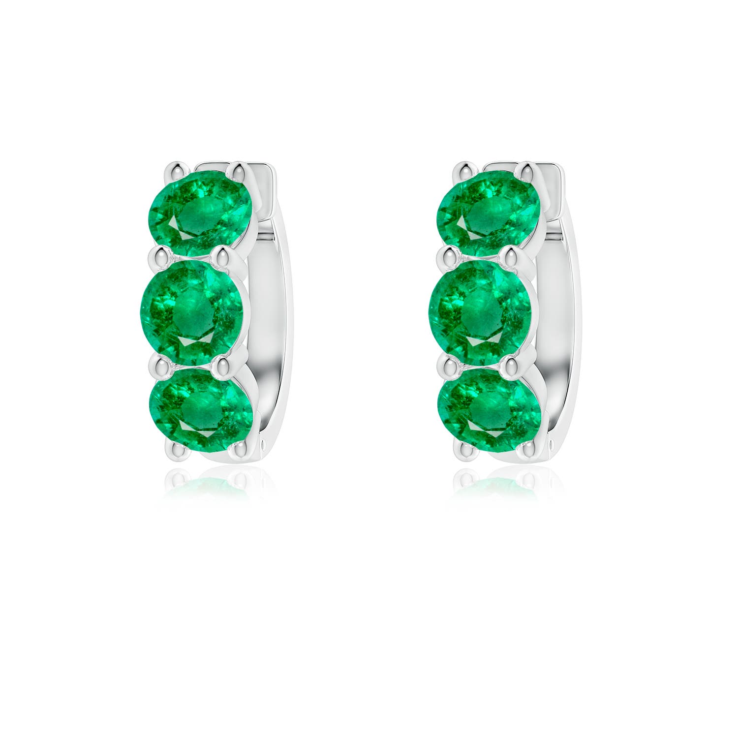 4.5mm AAA Round Emerald Three Stone Hoop Earrings in 18K White Gold