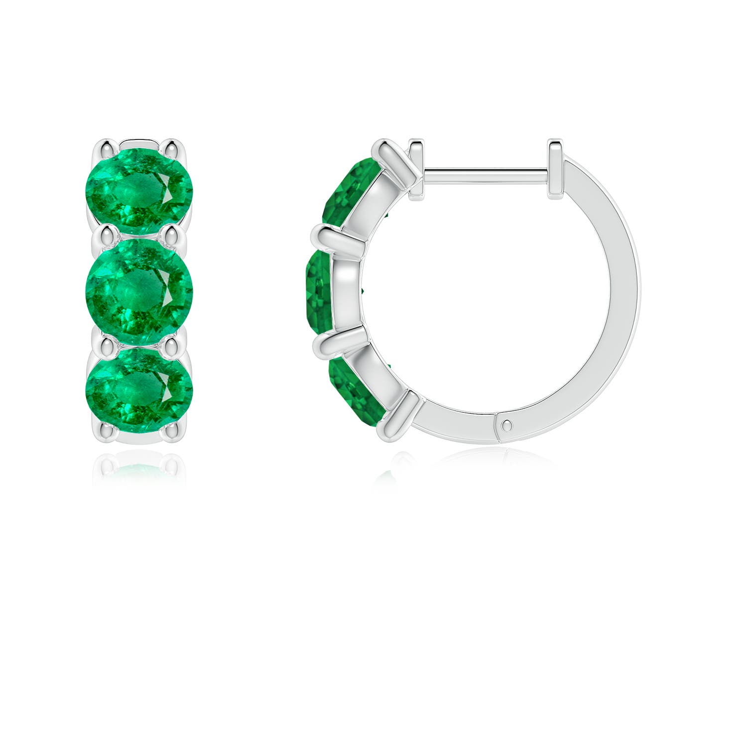 4.5mm AAA Round Emerald Three Stone Hoop Earrings in 18K White Gold