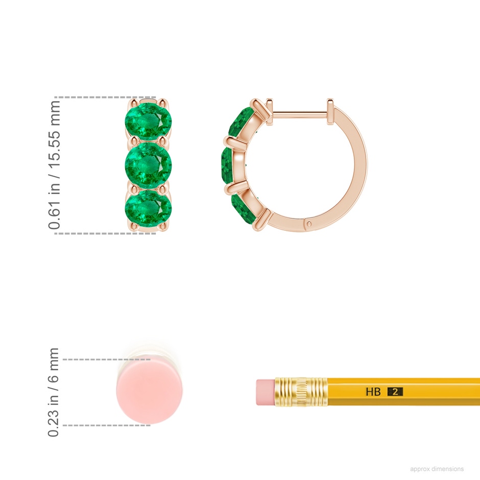 4.5mm AAA Round Emerald Three Stone Hoop Earrings in Rose Gold ruler