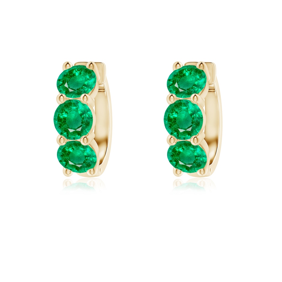 4.5mm AAA Round Emerald Three Stone Hoop Earrings in Yellow Gold 