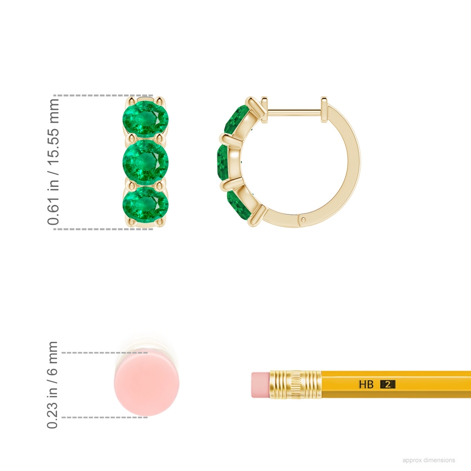 4.5mm AAA Round Emerald Three Stone Hoop Earrings in Yellow Gold ruler