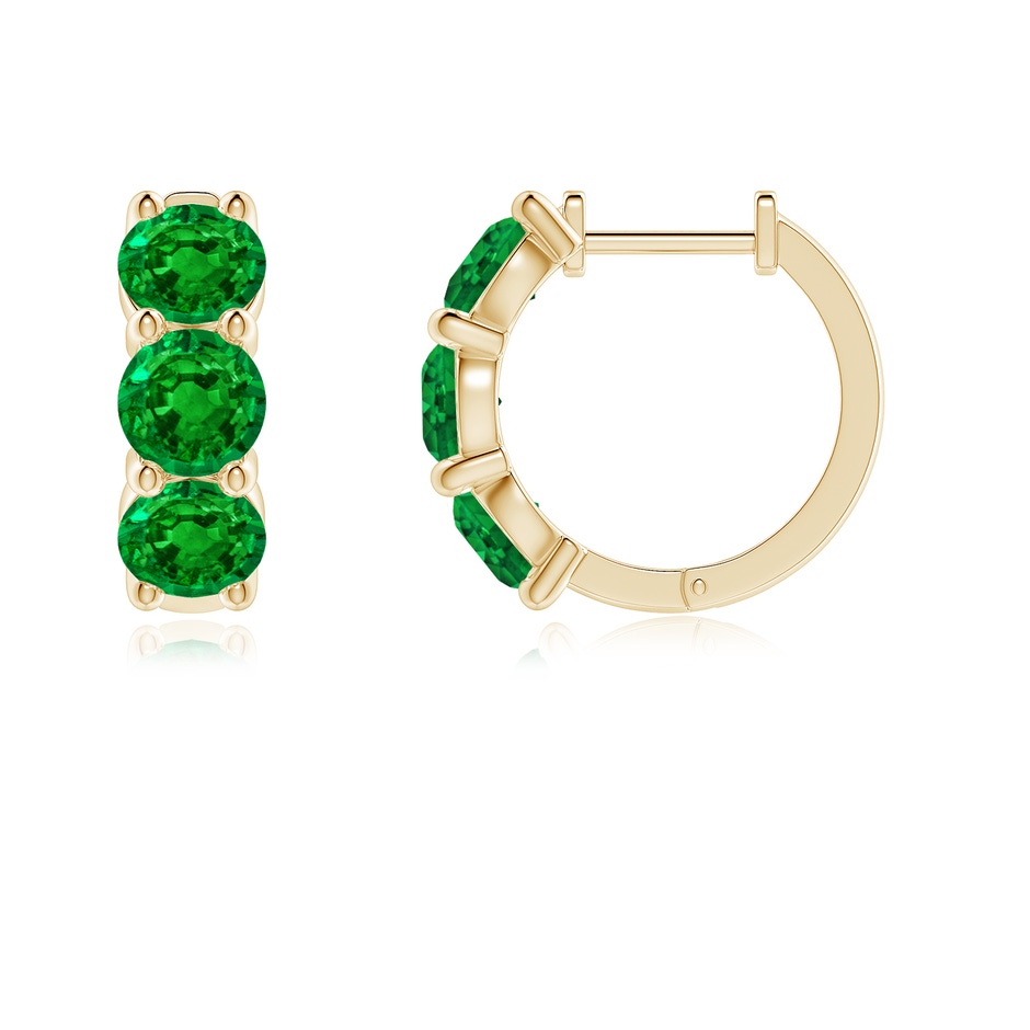 4.5mm AAAA Round Emerald Three Stone Hoop Earrings in Yellow Gold side 199