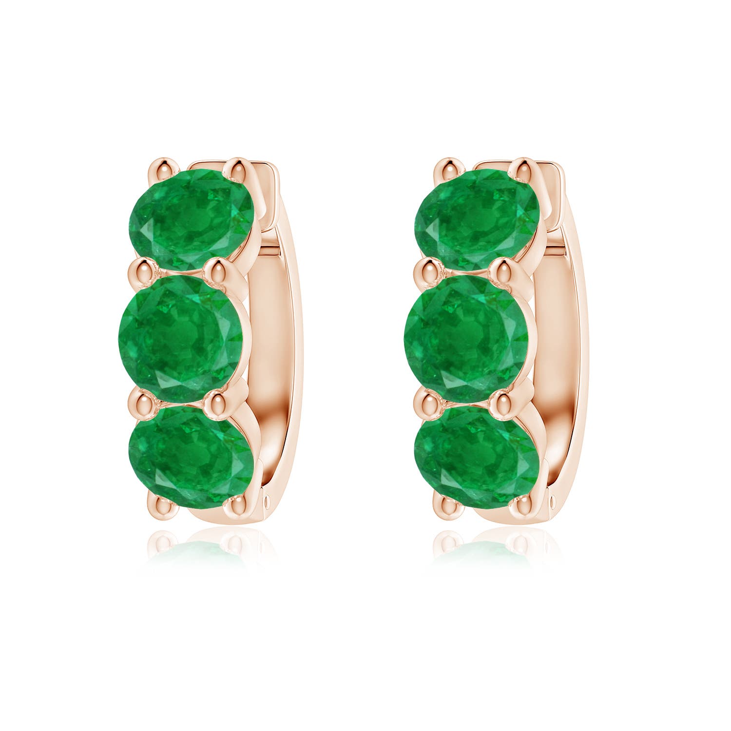 5.5mm AA Round Emerald Three Stone Hoop Earrings in 18K Rose Gold