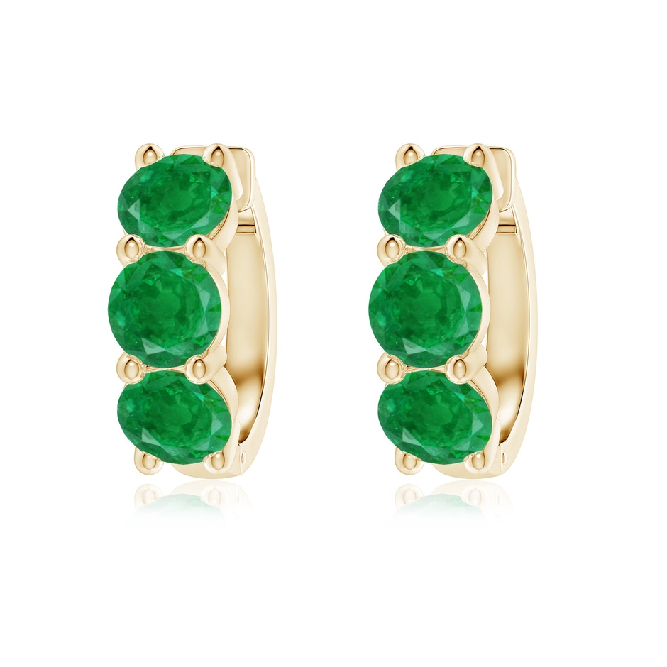 5.5mm AA Round Emerald Three Stone Hoop Earrings in 18K Yellow Gold 