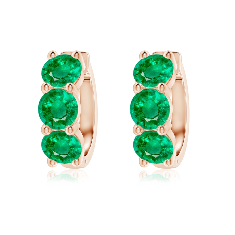 5.5mm AAA Round Emerald Three Stone Hoop Earrings in 18K Rose Gold 