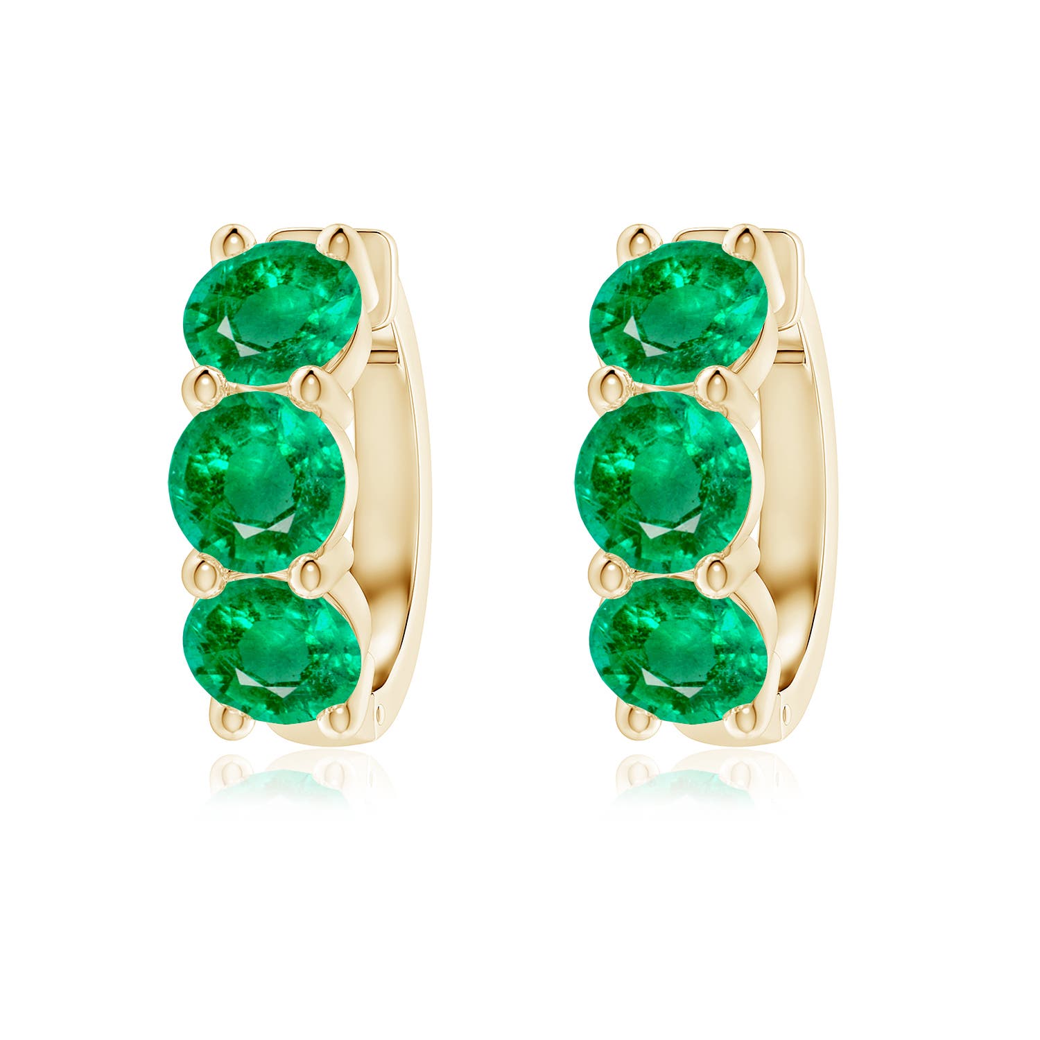 Angara 3.3 CTW Round Emerald Three Stone Hoop Earrings in 18K Yellow Gold