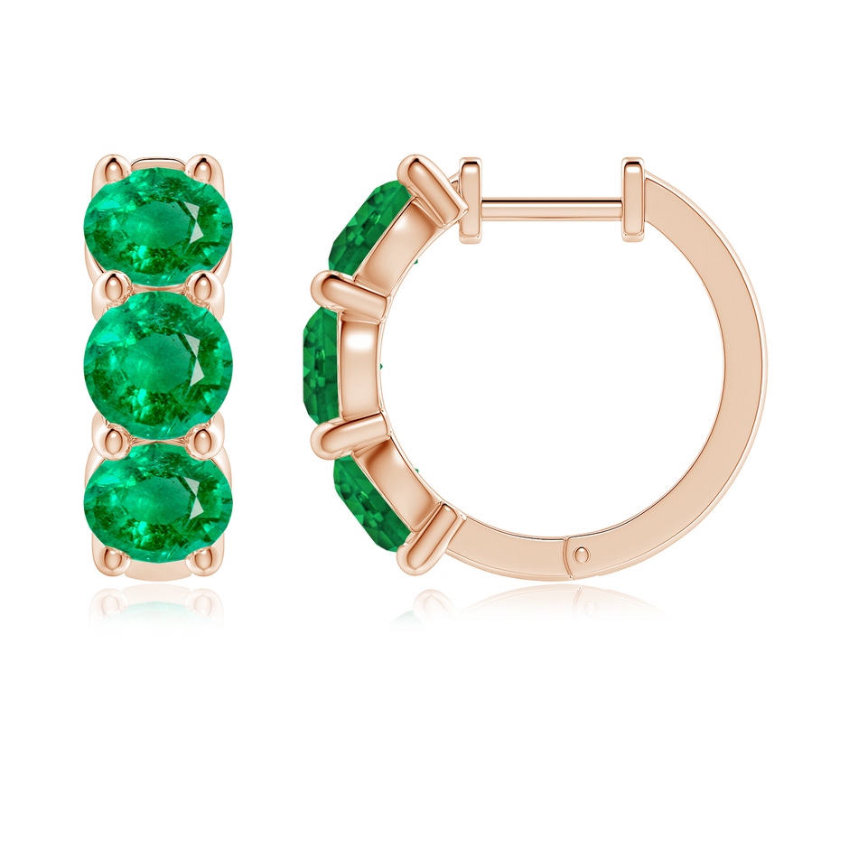 5.5mm AAA Round Emerald Three Stone Hoop Earrings in Rose Gold side 199