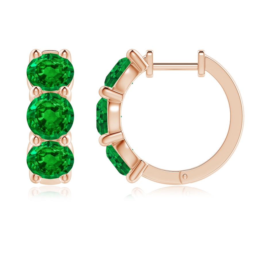 5.5mm AAAA Round Emerald Three Stone Hoop Earrings in 18K Rose Gold side 199