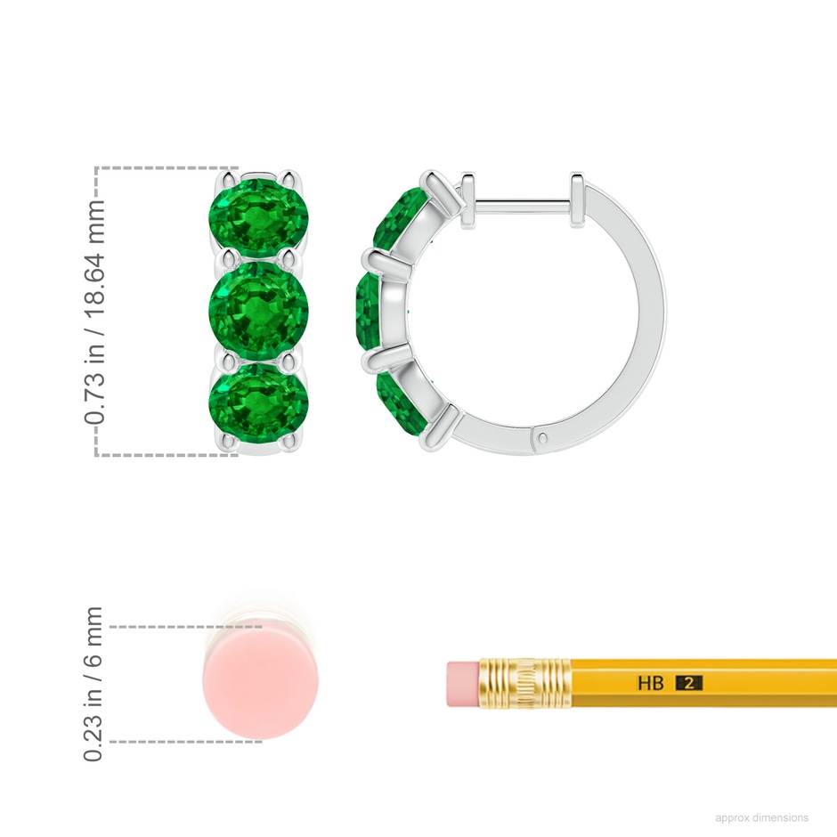 5.5mm AAAA Round Emerald Three Stone Hoop Earrings in P950 Platinum ruler