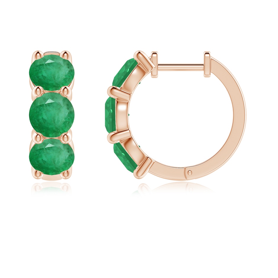 5mm A Round Emerald Three Stone Hoop Earrings in Rose Gold side 199