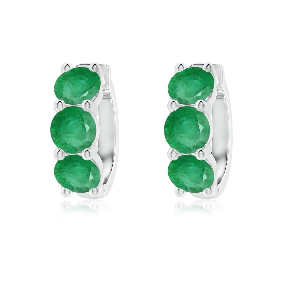 5mm A Round Emerald Three Stone Hoop Earrings in White Gold 