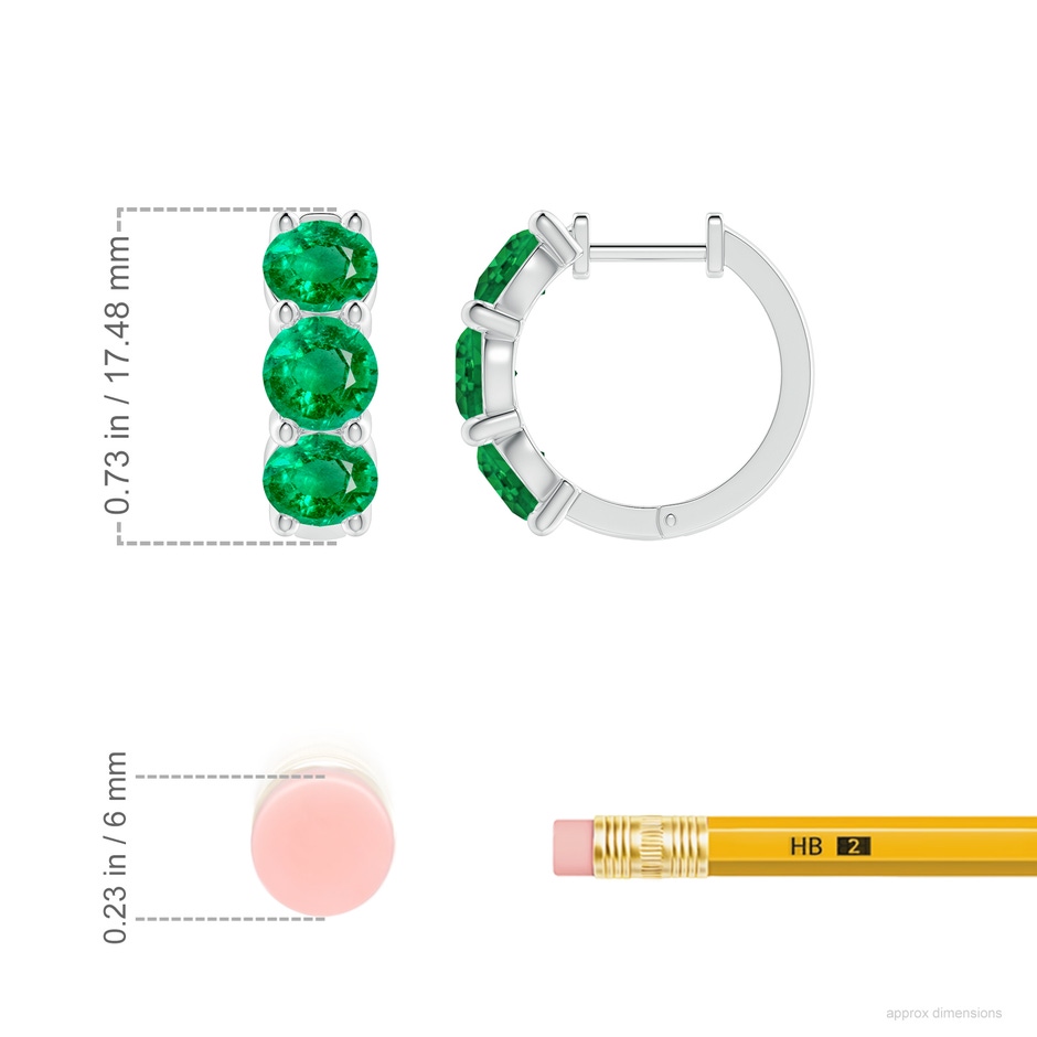 5mm AAA Round Emerald Three Stone Hoop Earrings in P950 Platinum ruler