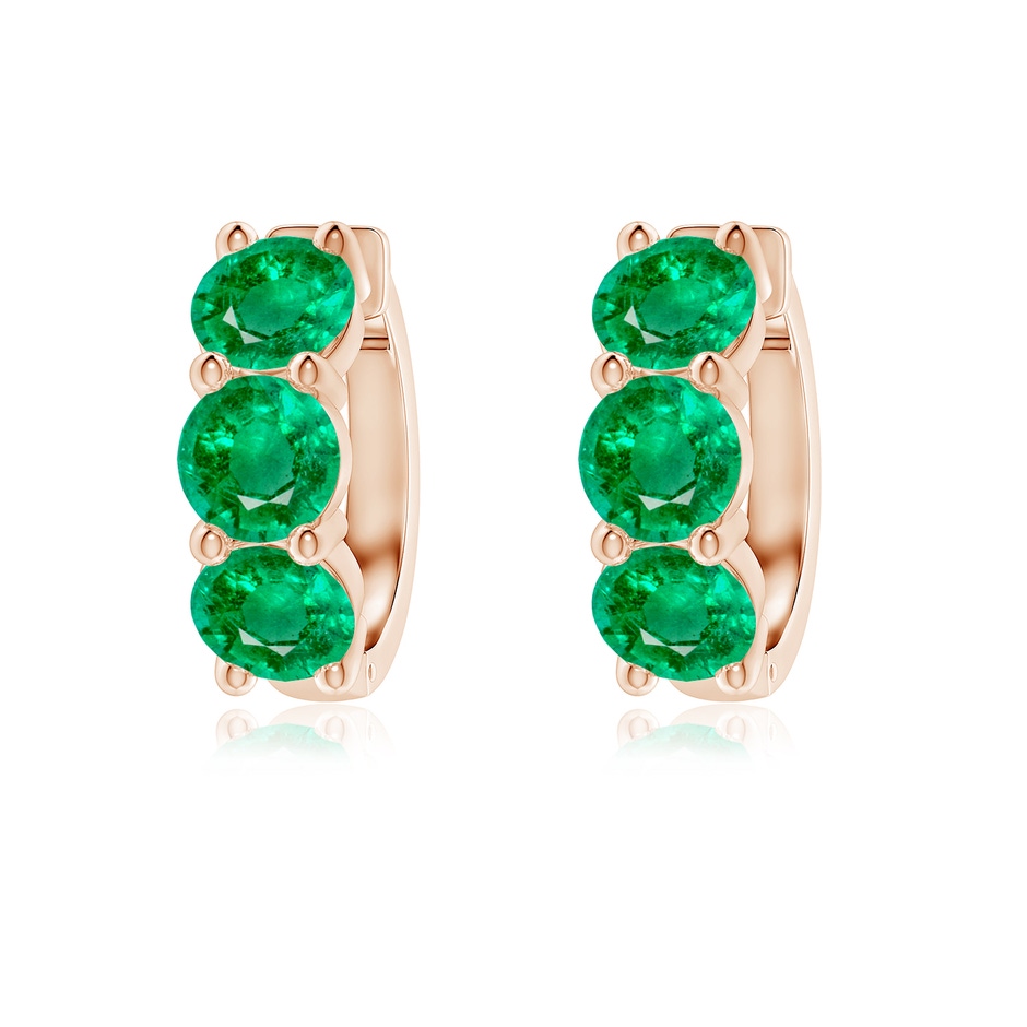 5mm AAA Round Emerald Three Stone Hoop Earrings in Rose Gold 