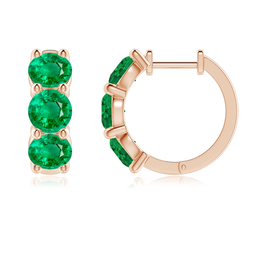 5mm AAA Round Emerald Three Stone Hoop Earrings in Rose Gold side 199