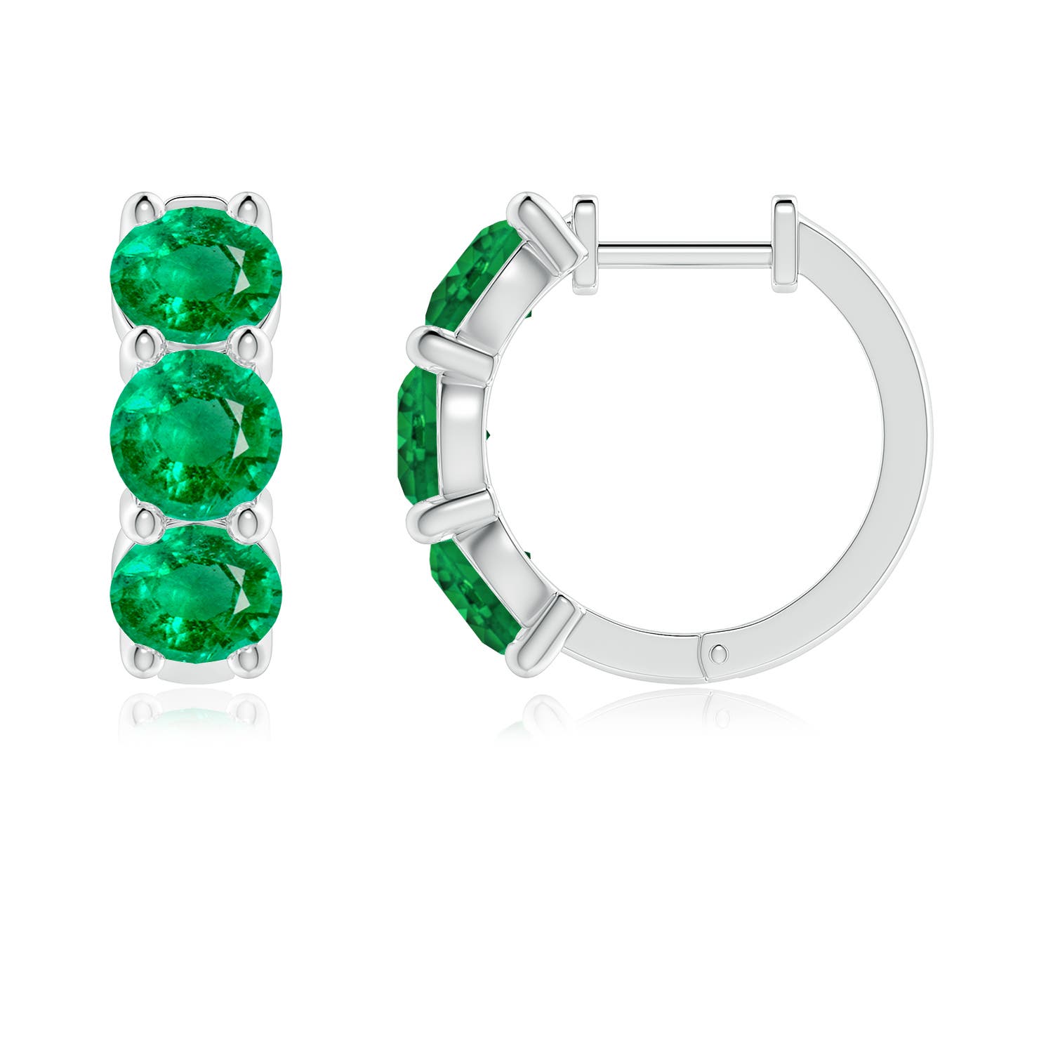 5mm AAA Round Emerald Three Stone Hoop Earrings in White Gold