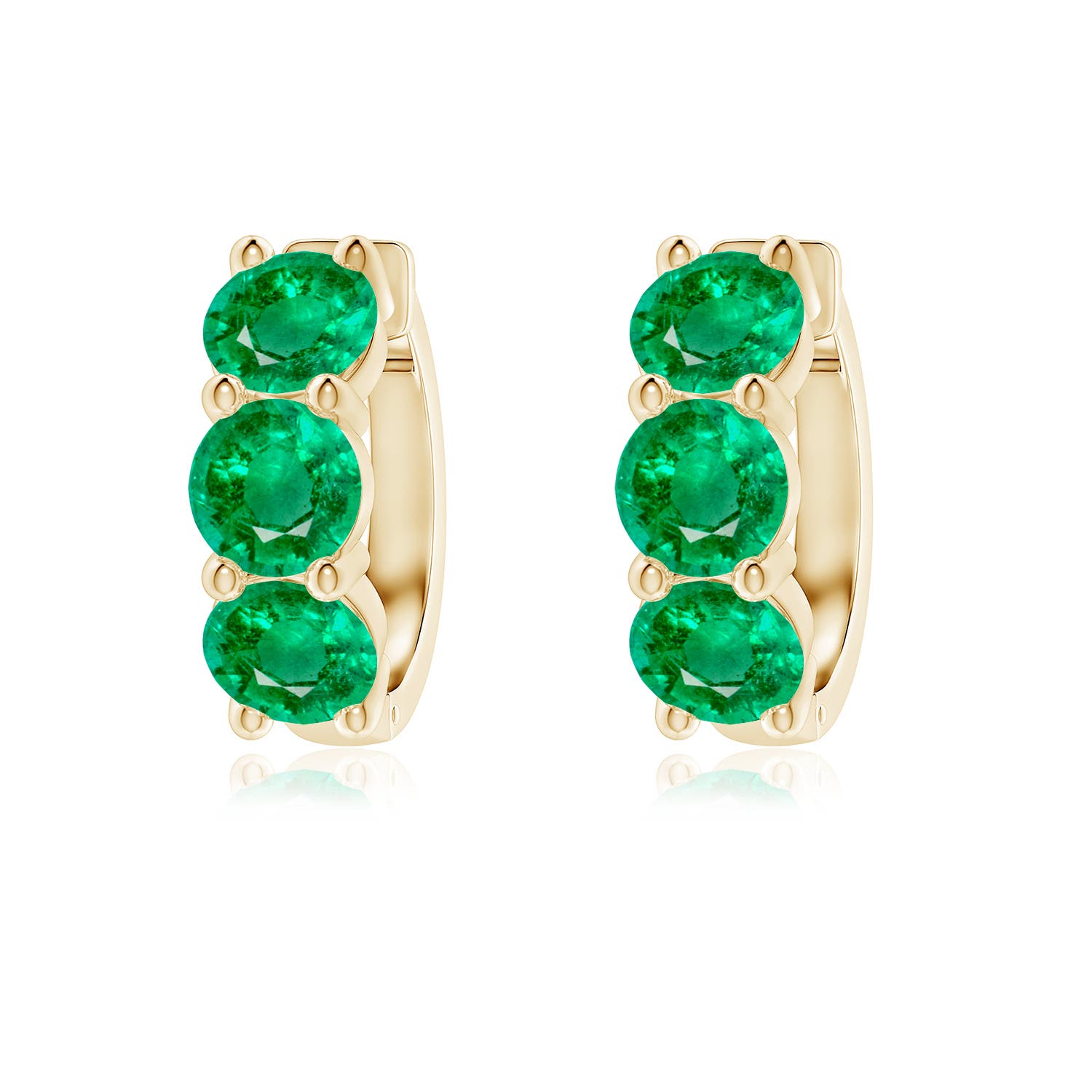 5mm AAA Round Emerald Three Stone Hoop Earrings in Yellow Gold