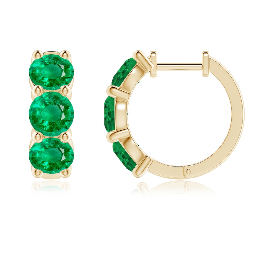 5mm AAA Round Emerald Three Stone Hoop Earrings in Yellow Gold side 199