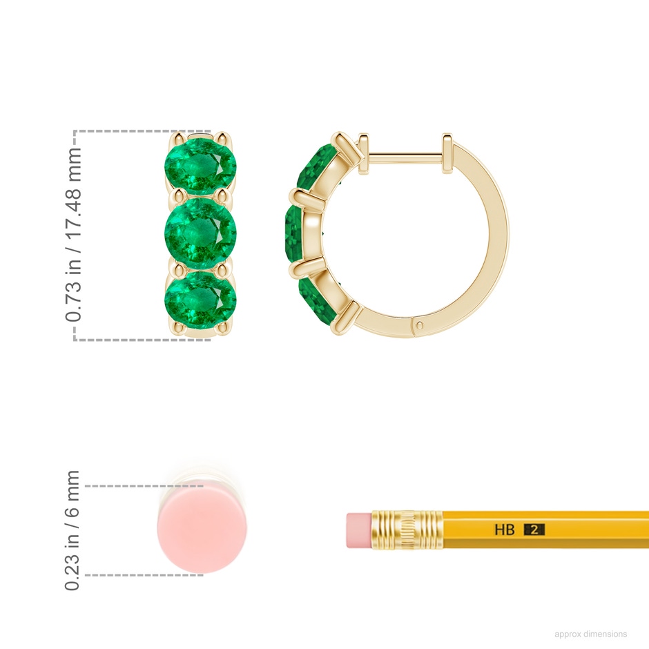 5mm AAA Round Emerald Three Stone Hoop Earrings in Yellow Gold ruler