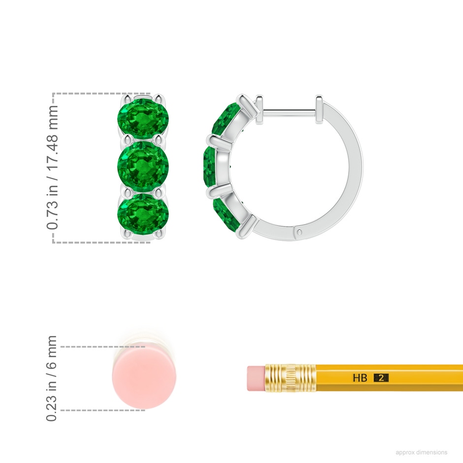 5mm AAAA Round Emerald Three Stone Hoop Earrings in P950 Platinum ruler