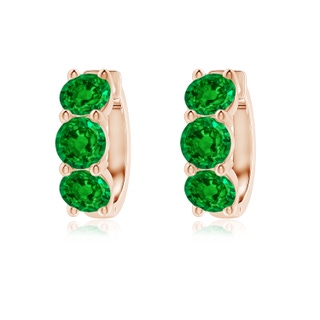 5mm AAAA Round Emerald Three Stone Hoop Earrings in Rose Gold