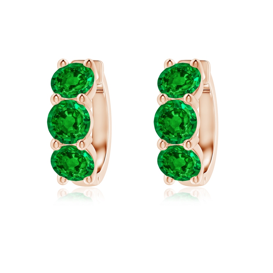 5mm AAAA Round Emerald Three Stone Hoop Earrings in Rose Gold 