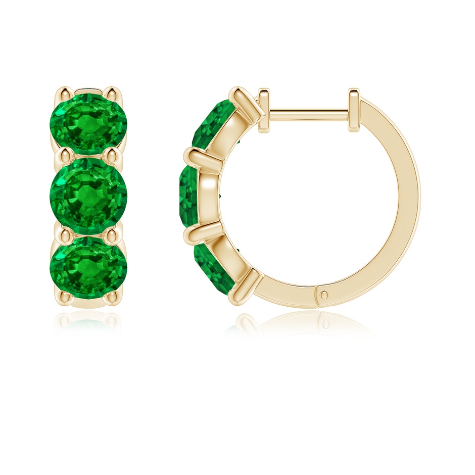 5mm AAAA Round Emerald Three Stone Hoop Earrings in Yellow Gold side 199
