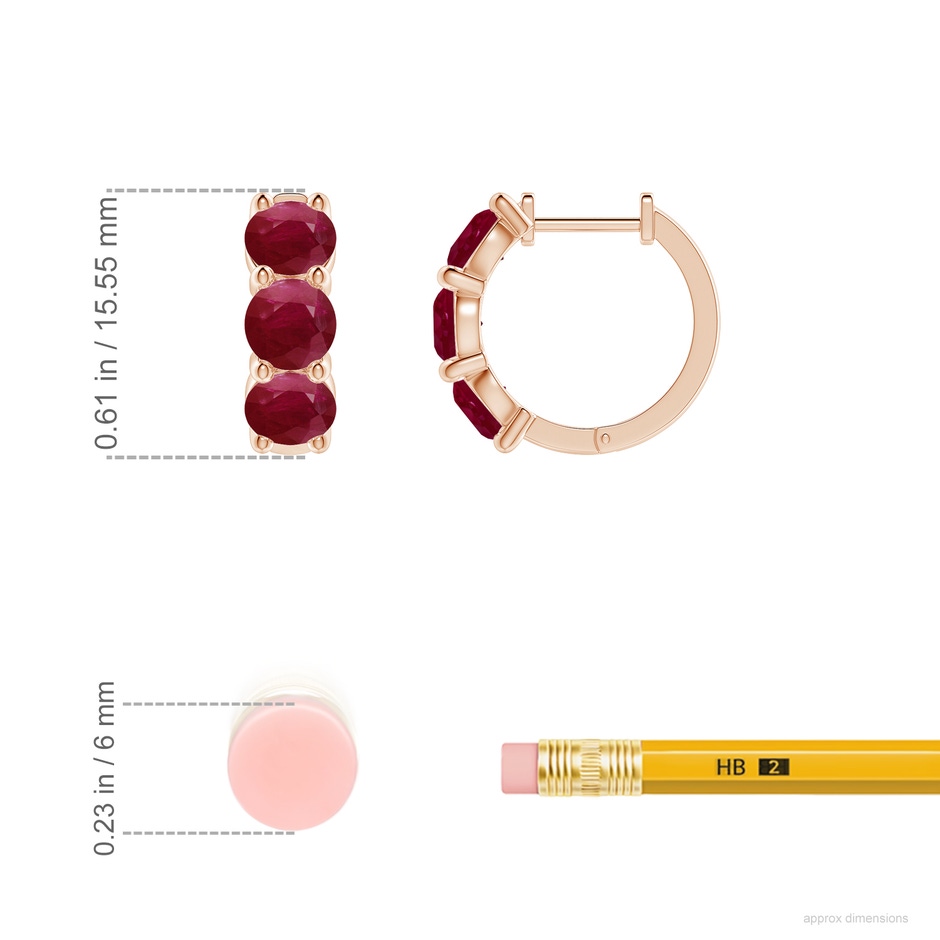 4.5mm A Round Ruby Three Stone Hoop Earrings in Rose Gold ruler