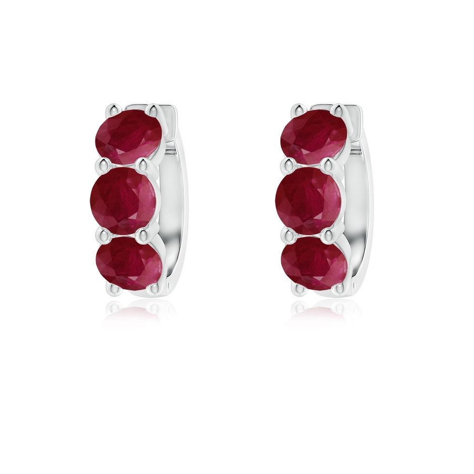 4.5mm A Round Ruby Three Stone Hoop Earrings in White Gold 