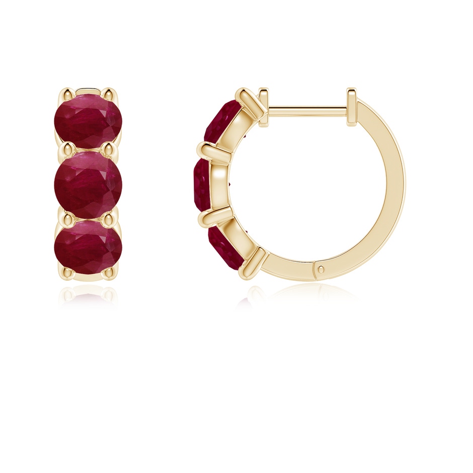 4.5mm A Round Ruby Three Stone Hoop Earrings in Yellow Gold side 199