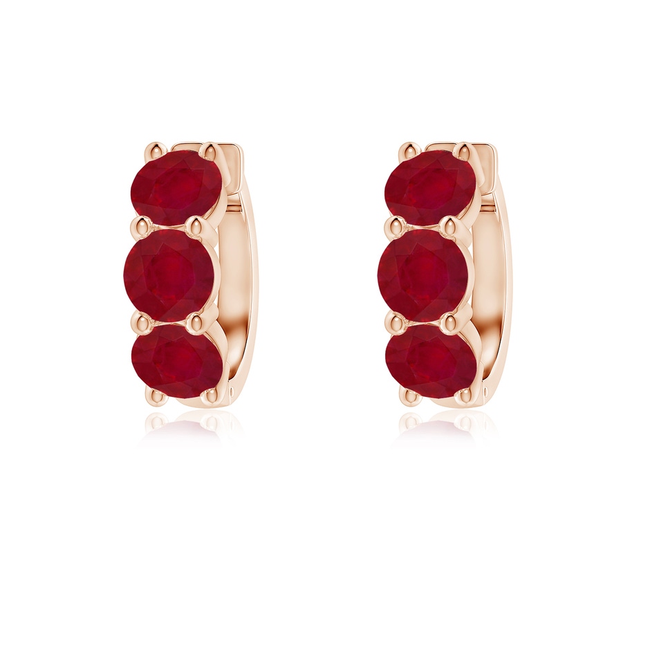 4.5mm AA Round Ruby Three Stone Hoop Earrings in Rose Gold 