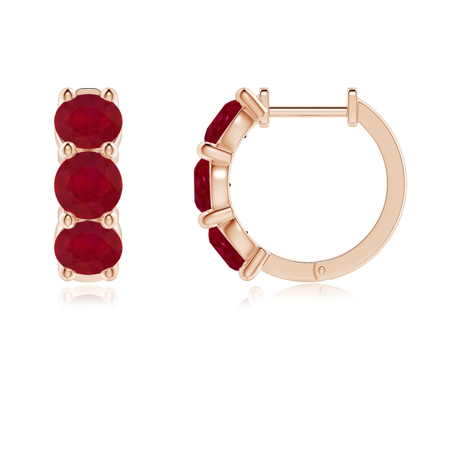 4.5mm AA Round Ruby Three Stone Hoop Earrings in Rose Gold side 199