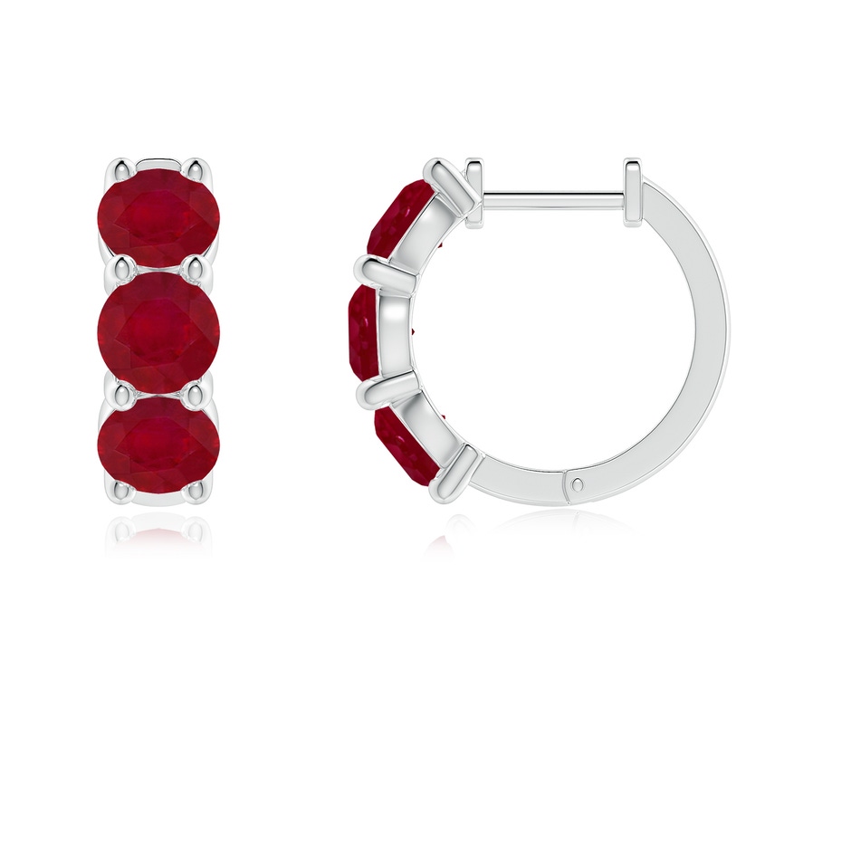 4.5mm AA Round Ruby Three Stone Hoop Earrings in White Gold side 199