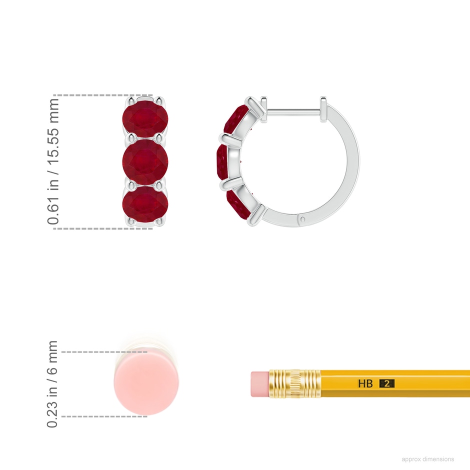 4.5mm AA Round Ruby Three Stone Hoop Earrings in White Gold ruler