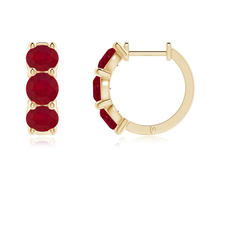 4.5mm AA Round Ruby Three Stone Hoop Earrings in Yellow Gold side 199