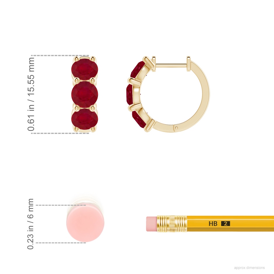 4.5mm AA Round Ruby Three Stone Hoop Earrings in Yellow Gold ruler