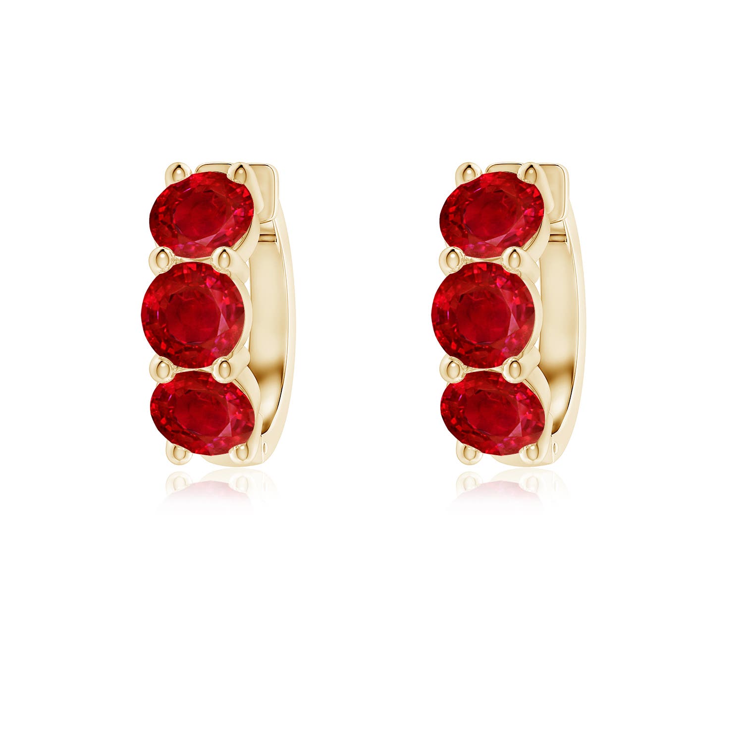 4.5mm AAA Round Ruby Three Stone Hoop Earrings in 18K Yellow Gold