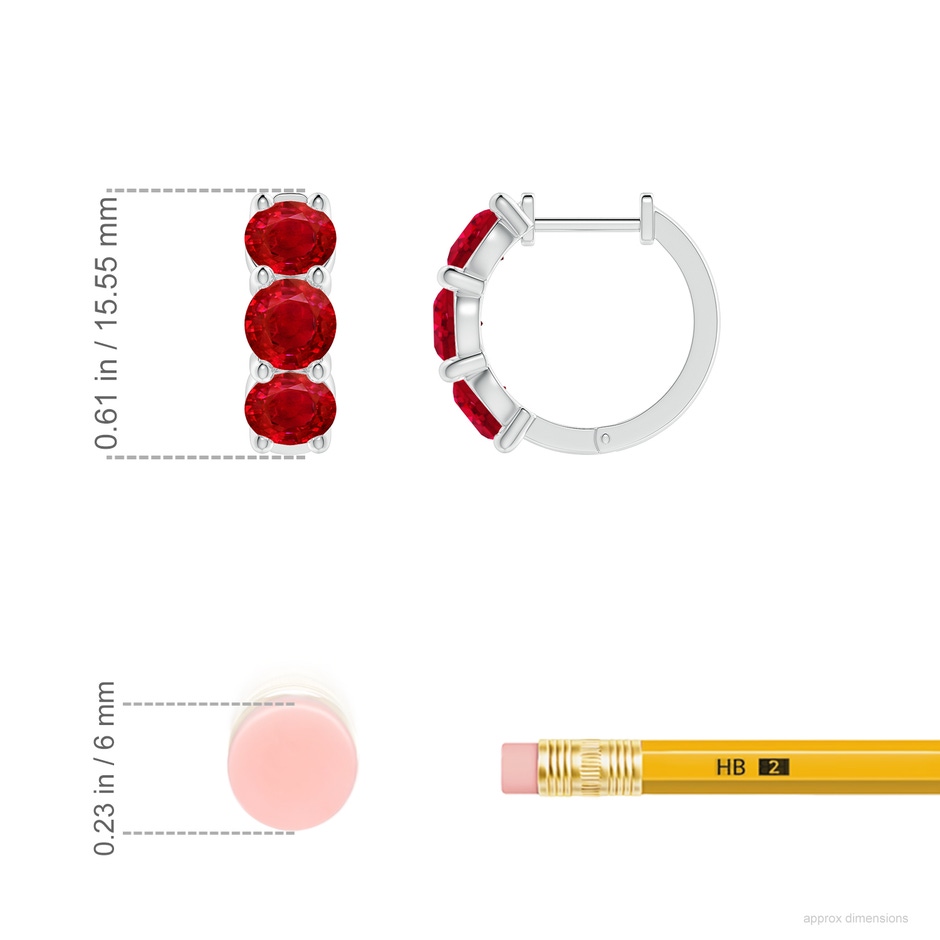 4.5mm AAA Round Ruby Three Stone Hoop Earrings in P950 Platinum ruler